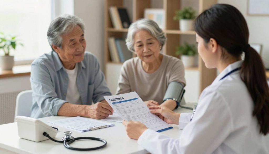 A bright and inviting consultation room filled with both warmth and professionalism. In the foreground, a caring healthcare professional, dressed in a smart, modest attire, is seated at a table covered with various health assessment tools like charts, a blood pressure monitor, and a stethoscope. The middle ground captures an elderly couple, appearing engaged and attentive as they listen to the professional's explanations while reviewing a health assessment form together. The background is softly blurred, showcasing shelves with wellness books and plants, creating an atmosphere of comfort and trust. The lighting is soft and natural, filtering through a window to illuminate the scene gently, embodying a sense of hope and care. Capture this moment with a slightly elevated angle to emphasize the connection and dialogue between the healthcare provider and the family.