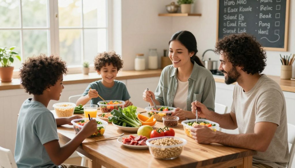 A bright, inviting kitchen setting showcasing a family gathered around a wooden table filled with colorful, healthy meal prep options. In the foreground, a diverse family of four—parents and two children—are planning their meals together, smiling and engaged, each dressed in modest casual clothing. The table is adorned with fresh vegetables, lean proteins, whole grains, and vibrant fruits, organized in bowls and containers. In the background, a sunlit window casts warm, natural light, creating a cheerful atmosphere. A chalkboard on the wall displays a weekly meal plan, adding a structured element to the scene. The shot is captured from a slightly elevated angle, providing a clear view of the family’s collaboration and the nourishing food choices as they cultivate healthy eating habits together.
