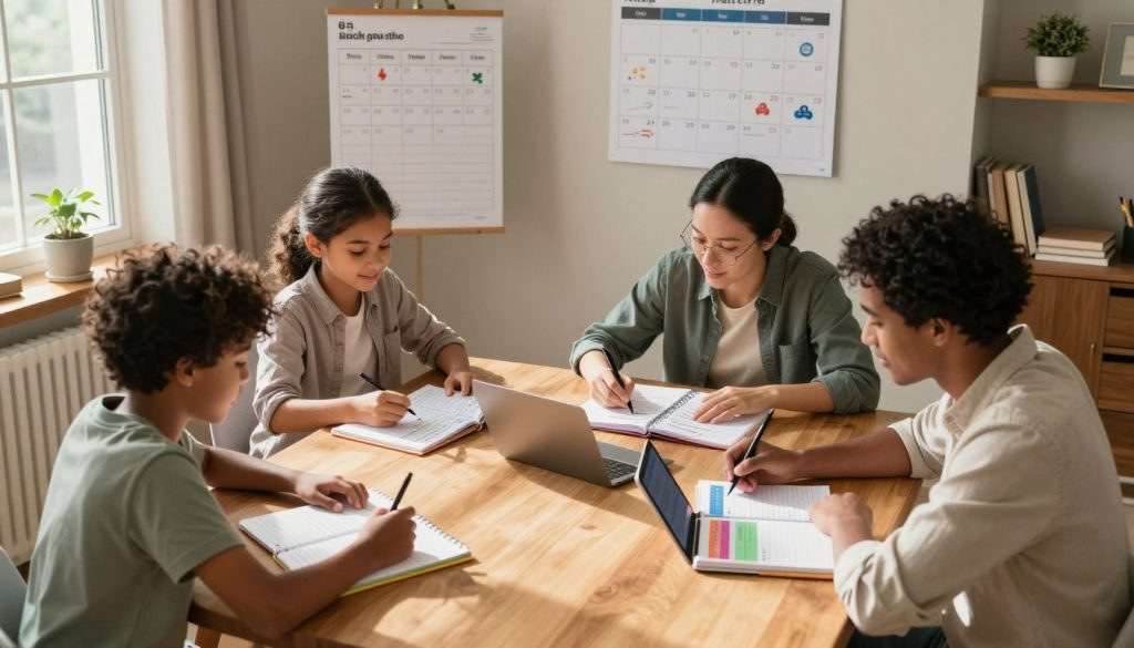 A cozy home office scene featuring a family managing health schedules together. In the foreground, a diverse family of four is gathered around a large wooden table, joyfully discussing and organizing health appointments using color-coded planners and digital devices. The middle ground showcases a wall with family health charts and a calendar displaying important dates. In the background, a window lets in warm, natural light, creating a welcoming atmosphere. Soft shadows are cast across the room, emphasizing the sense of collaboration and communication. Capture this in a slight overhead angle to portray the intimate yet organized space. The family members are dressed in casual, modest attire, expressing a sense of unity and support as they develop their health management strategies.