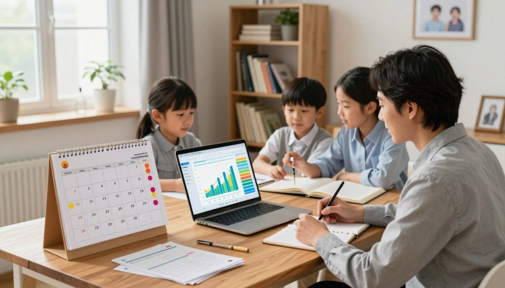 A cozy, well-organized home office scene illustrating "vaccination schedule management." In the foreground, a wooden desk with a neatly arranged family vaccination calendar, featuring colorful stickers for different vaccines and dates. A laptop displaying a digital management tool with vibrant graphs and progress tracking can be seen. In the middle, a family of four is engaged in discussion, dressed in professional business attire; a mother points at the calendar while the father takes notes. The background features a bookshelf filled with medical books, plants, and framed pictures of the family, conveying warmth and care. Soft, natural lighting filters through a window, creating an inviting atmosphere. Capture this from a slightly elevated angle to emphasize the family’s interaction and the vaccines’ importance.