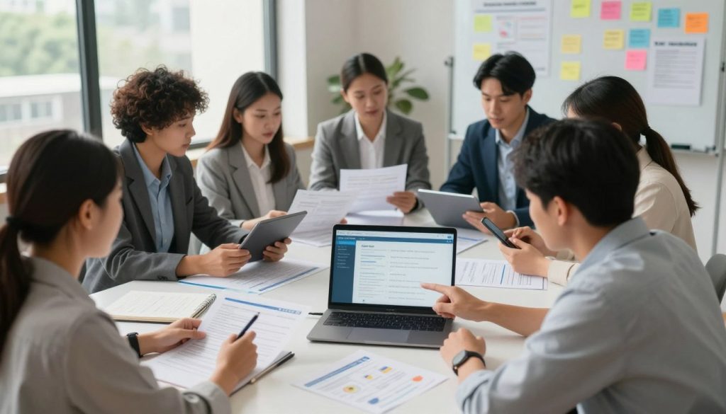 A diverse caregiving team, consisting of professionals in smart business attire, collaborates around a large table filled with documents and care plans. In the foreground, two members engage in discussion, pointing at a laptop displaying a care coordination app. The middle ground features colleagues examining charts and tablets, indicating a busy yet organized atmosphere. Soft, diffused natural light pours in through large windows, creating a warm and inviting ambiance. In the background, a whiteboard covered in colorful notes and diagrams highlights ongoing strategies for team alignment. The overall mood is one of teamwork and coordination, emphasizing an efficient and supportive caregiving environment. The perspective is slightly elevated, capturing the dynamic interactions of the team.
