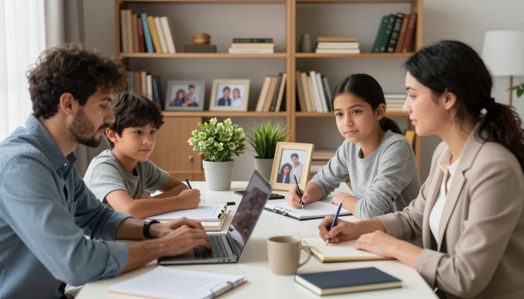 A diverse family sitting around a table in a cozy home office, engaged in a collaborative discussion about work and family care balance. In the foreground, a father in business casual attire demonstrates using a laptop, while a mother in professional attire takes notes. Two children, one younger and one teenager, show interest and provide input, illustrating teamwork. In the middle ground, family photos and plants create a warm atmosphere, emphasizing unity. The background features bookshelves filled with books and a window letting in soft, natural light, symbolizing hope and clarity. The overall mood is focused yet nurturing, encouraging a sense of sharing responsibilities and love.