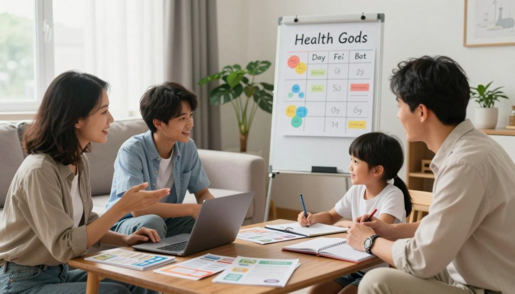 A family health check planning strategy scene set in a cozy, brightly-lit living room. In the foreground, a diverse family of four—parents, a teenager, and a young child—are gathered around a coffee table covered with health pamphlets, a laptop, and a notepad. They are engaged in lively discussion and smiling, dressed in smart casual clothing. In the middle ground, a whiteboard or flip chart displays colorful diagrams outlining their health goals and check-up schedules. The background includes a soft sofa and indoor plants, contributing to a warm and inviting atmosphere. The lighting is natural, streaming in through large windows, creating a sense of positivity and collaboration. The overall mood is proactive and family-oriented, emphasizing communication and planning for better health. A family health check planning strategy scene set in a cozy, brightly-lit living room. In the foreground, a diverse family of four—parents, a teenager, and a young child—are gathered around a coffee table covered with health pamphlets, a laptop, and a notepad. They are engaged in lively discussion and smiling, dressed in smart casual clothing. In the middle ground, a whiteboard or flip chart displays colorful diagrams outlining their health goals and check-up schedules. The background includes a soft sofa and indoor plants, contributing to a warm and inviting atmosphere. The lighting is natural, streaming in through large windows, creating a sense of positivity and collaboration. The overall mood is proactive and family-oriented, emphasizing communication and planning for better health.