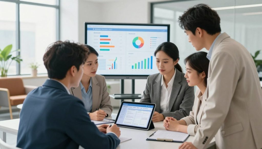 A harmonious and organized care coordination system depicted in a modern, well-lit office environment. In the foreground, a diverse group of four professionals in smart business attire, collaborating over a digital tablet displaying health data and care plans. The middle ground features a large interactive whiteboard with color-coded charts and graphs illustrating patient progress. In the background, a serene waiting area with comfortable chairs and plants, symbolizing a patient-centric approach. Soft, natural lighting streams through large windows, creating a welcoming atmosphere. The image conveys a sense of teamwork, efficiency, and compassion, reflecting the essence of effective care coordination for loved ones.