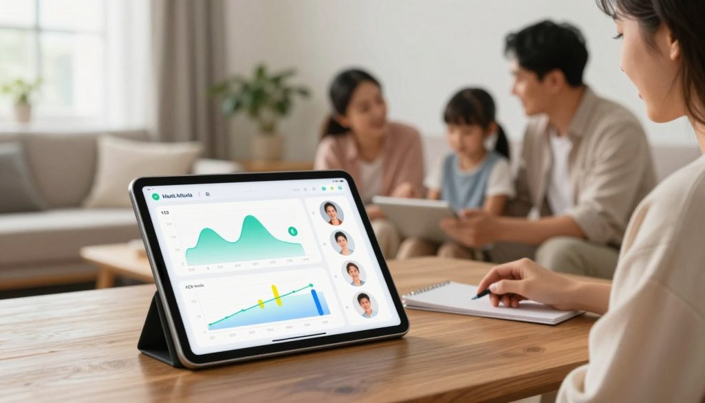 A modern health monitoring software interface displayed on a sleek tablet, resting on a wooden table in a cozy home environment. The foreground features the tablet showing vibrant graphs and statistics for tracking vital signs, such as heart rate and temperature, with family member profiles represented as customizable avatars. In the middle ground, a family can be seen discussing the data; they are dressed in modest casual clothing, embodying a sense of togetherness and health awareness. The background includes a well-lit living room with soft, natural light coming from a window, adding warmth to the scene. The overall atmosphere is one of comfort, family bonding, and proactive health management, suggesting ease and accessibility in monitoring health for every family member. A modern health monitoring software interface displayed on a sleek tablet, resting on a wooden table in a cozy home environment. The foreground features the tablet showing vibrant graphs and statistics for tracking vital signs, such as heart rate and temperature, with family member profiles represented as customizable avatars. In the middle ground, a family can be seen discussing the data; they are dressed in modest casual clothing, embodying a sense of togetherness and health awareness. The background includes a well-lit living room with soft, natural light coming from a window, adding warmth to the scene. The overall atmosphere is one of comfort, family bonding, and proactive health management, suggesting ease and accessibility in monitoring health for every family member.