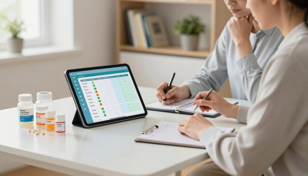 A modern medication management system displayed on a sleek, minimalist desk in a well-lit, professional home office environment. In the foreground, a tablet screen shows an organized medication schedule with color-coded reminders. Beside it, neatly arranged pill containers are labeled by day and type, reflecting an organized approach. In the middle ground, a thoughtful caregiver, dressed in professional attire, is reviewing the tablet while jotting down notes on a notepad. The background features shelves with health-related books and a potted plant, adding a sense of calm and reassurance. Soft, natural lighting filters through a window, creating a welcoming atmosphere. The angle captures both the caregiver and the medication system, highlighting the integration of technology and personal care in managing health routines effectively.