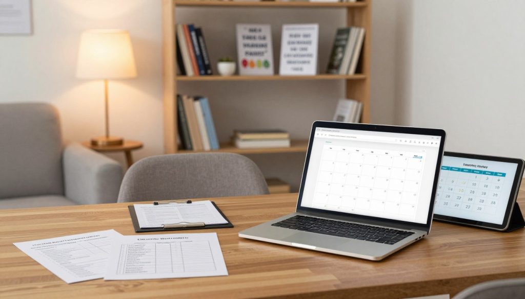 A modern, organized workspace featuring caregiver coordination tools. In the foreground, a wooden desk holds a laptop open to a caregiving management app, alongside a tablet displaying a shared calendar. Scattered around are printed resources like checklists and contact lists for local support services. In the middle, a comfortable armchair invites reflection, while a soft, warm light from a desk lamp creates an inviting atmosphere. The background showcases a well-organized shelf filled with caregiving books, brochures, and inspirational quotes. Overall, the scene conveys a sense of support, collaboration, and optimism, emphasizing the importance of resourcefulness and teamwork in family caregiving. The lighting is soft and natural, suggesting a calm, reassuring environment.