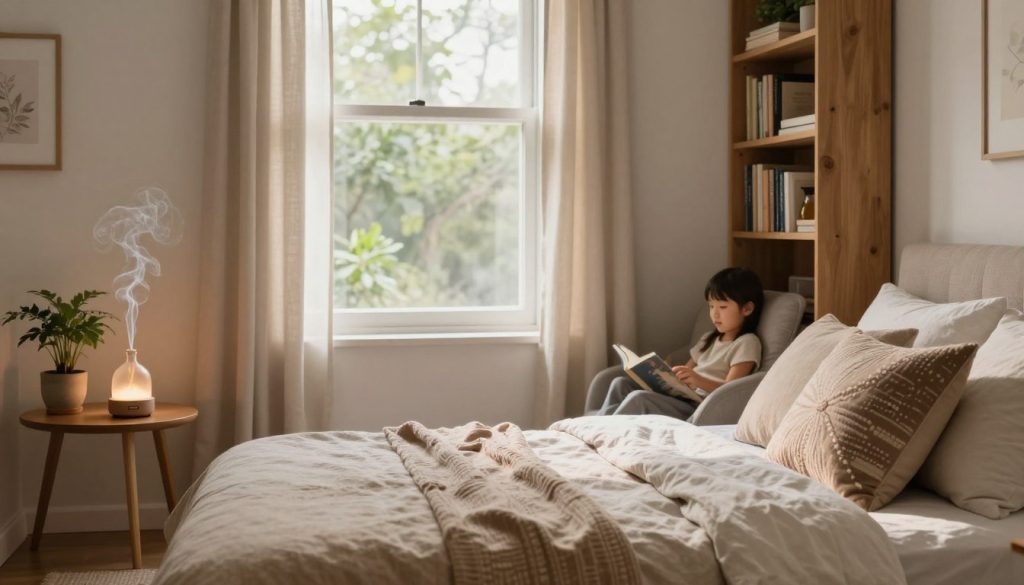 A serene and cozy bedroom setup focused on promoting family wellness. In the foreground, a neatly made bed with soft, natural linens in earth tones, adorned with decorative pillows. To the left, a small bedside table with a potted plant and a calming aromatherapy diffuser emitting gentle wisps of essential oil vapor. In the middle, a spacious window letting in warm, natural light, framed by light, airy curtains, creating a peaceful ambiance. On the opposite wall, a comfortable reading nook with a well-stocked bookshelf filled with wellness titles. In the background, gentle greenery can be seen through the window, enhancing the tranquility of the space. The overall mood is inviting and restorative, perfect for nurturing health and happiness in a family environment.