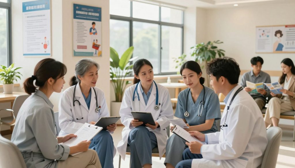 A serene and professional healthcare setting that emphasizes preventive medicine. In the foreground, a diverse group of healthcare providers in smart business attire are engaged in a collaborative discussion over medical charts and tablets, showcasing active partnership. In the middle, a modern clinic environment with health posters about early detection and wellness check-ups on the walls. The background features large windows letting in warm, natural light, illuminating plants for a refreshing atmosphere. Soft focus on the background highlights a waiting area with patients reading health pamphlets. The overall mood is optimistic and proactive, conveying the importance of teamwork in health risk prevention, captured with a warm color palette and a slight depth of field to enhance the focus on the professionals. Use a wide-angle lens perspective for a spacious feel.