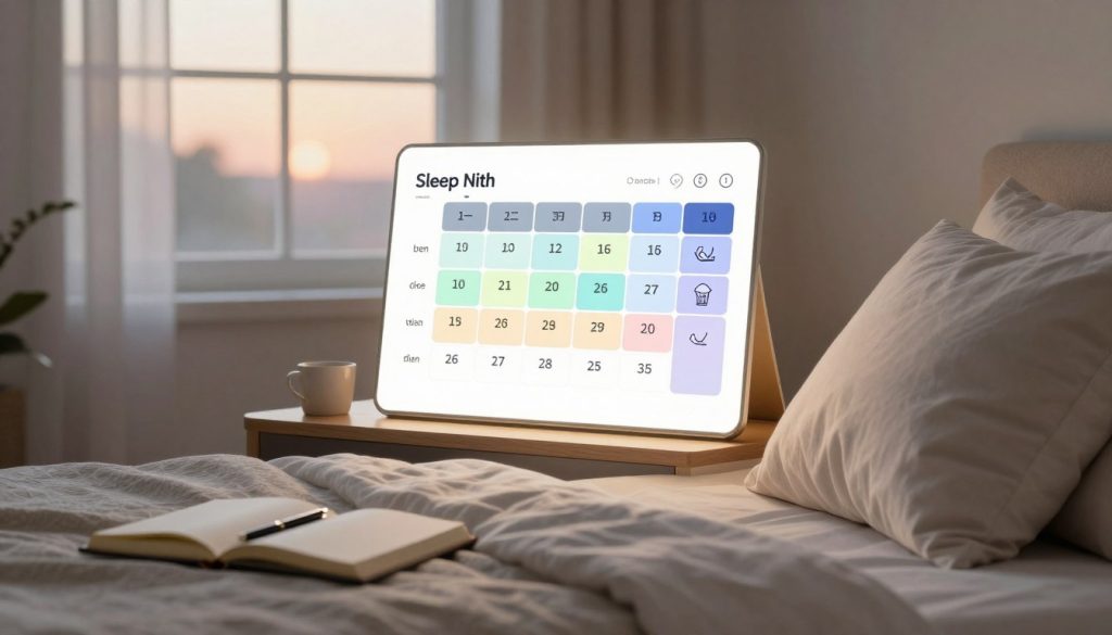 A serene bedroom scene depicting an organized sleep schedule chart on a softly illuminated bedside table. In the foreground, a cozy bed with neutral-colored linens, fluffed pillows, and a neatly arranged journal and pen beside it. The middle layer features a detailed sleep schedule chart that visually represents optimal sleep times, highlighted in calming pastel colors, with icons signifying sleep routines. In the background, a window shows a gentle dawn light filtering through sheer curtains, creating an inviting atmosphere. Soft, ambient lighting enhances a sense of tranquility and well-being. The overall mood is peaceful and encouraging, inspiring viewers to consider the importance of a structured sleep routine for better health.