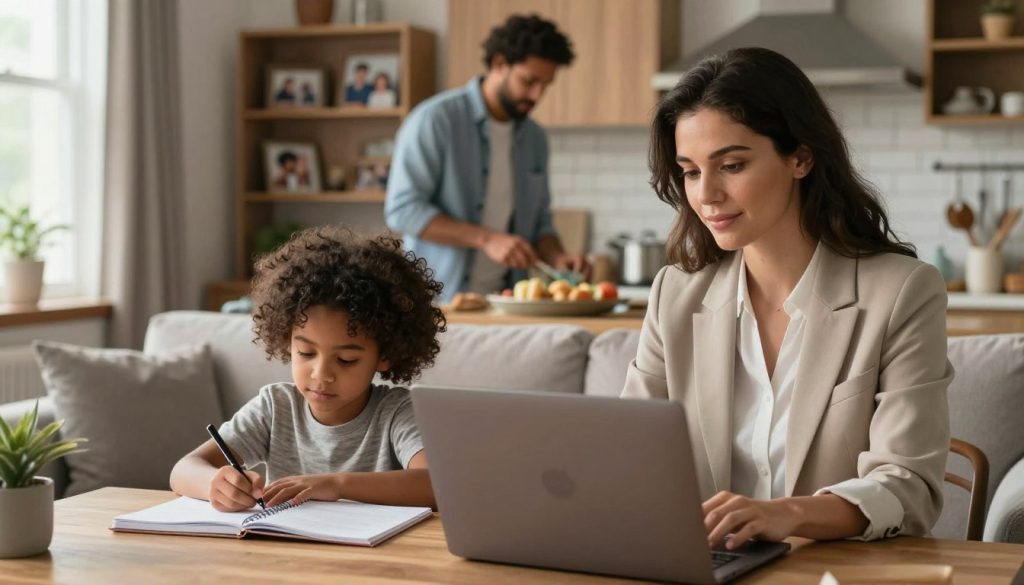 A serene domestic scene illustrating the balance of caregiving responsibilities, featuring a diverse family in a cozy living room. In the foreground, a professional woman in business casual attire is multitasking, juggling a laptop and a notebook while gently helping her child with homework. The middle ground shows a supportive partner, dressed in smart casual clothing, preparing a meal in the kitchen, emphasizing collaboration. In the background, a softly lit shelving unit displays family photos, symbolizing personal life and memories. Warm, natural lighting filters through a nearby window, creating a calm atmosphere that reflects the challenges and rewards of balancing caregiving with work. The lens focuses on the family's interactions, conveying a sense of harmony and teamwork in managing daily responsibilities.