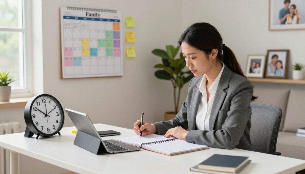 A serene home office scene, featuring a focused caregiver in professional business attire, sitting at a sleek desk covered with an organized planner and a digital tablet. In the foreground, a clock shows a balanced schedule, symbolizing effective time management. The middle ground includes a family calendar on the wall, color-coded for different caregiving tasks, with sticky notes and reminders scattered around, all lit by soft, natural light streaming through a window. In the background, a cozy living room setting is visible, with family photos and plants that evoke warmth and care. The atmosphere is calm and productive, emphasizing organization and the smooth balance of caregiving responsibilities. The angle captures the caregiver from a slightly elevated perspective, highlighting both the workspace and the sense of purpose.