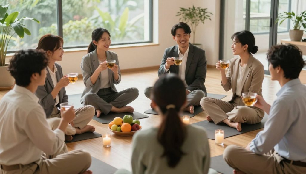 A serene indoor wellness space, illuminated by soft, warm lighting, creates a welcoming atmosphere. In the foreground, a group of diverse individuals in professional business attire, engaged in a lively discussion while enjoying herbal tea. Their expressions convey joy and connection, emphasizing the strength of community ties. In the middle ground, a table adorned with fresh fruits, a yoga mat, and decorative candles, symbolizes a blend of healthy living and social bonding. The background features large windows with greenery outside, allowing natural light to flood the space and fostering a sense of tranquility. The mood is uplifting and harmonious, inviting viewers to appreciate the importance of social connections in wellness practices.