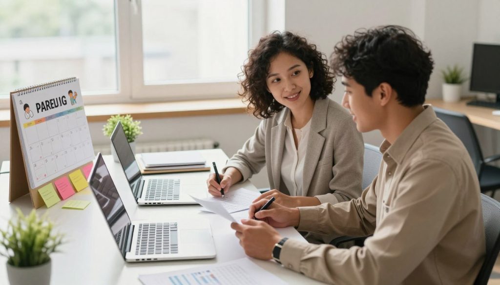 A serene office environment showing two professionals collaborating on co-parenting strategies. In the foreground, a diverse mixed-gender couple, dressed in smart casual attire, are seated at a sleek desk with laptops open, engaged in a friendly discussion while reviewing family schedules. In the middle, a clutter-free workspace featuring family calendars, colorful sticky notes, and a small plant, adding warmth to the scene. In the background, a bright window lets in soft, natural light, casting gentle shadows across the room. The atmosphere is positive and collaborative, reflecting a supportive and constructive spirit of open communication. The angle is slightly elevated, capturing both the couple's expressions and the organized workspace.