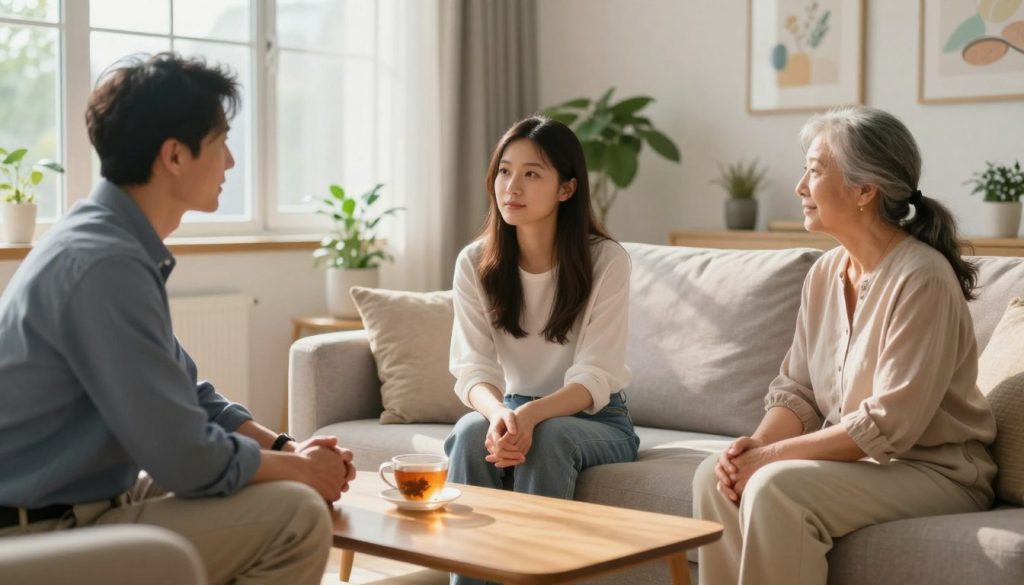 A serene scene illustrating mental health support within a cozy, modern family living room. In the foreground, a diverse group of three individuals—a middle-aged man in professional attire, a young woman in modest casual clothing, and an elderly woman dressed comfortably—sit on a plush sofa, engaging in an empathetic discussion. In the middle, a warm cup of herbal tea rests on a coffee table, symbolizing comfort and openness. The background features soft natural light streaming through a large window, casting gentle shadows, with potted plants and calming art on the walls, creating an inviting and uplifting atmosphere. The overall mood is supportive and positive, emphasizing emotional well-being and connection. A serene scene illustrating mental health support within a cozy, modern family living room. In the foreground, a diverse group of three individuals—a middle-aged man in professional attire, a young woman in modest casual clothing, and an elderly woman dressed comfortably—sit on a plush sofa, engaging in an empathetic discussion. In the middle, a warm cup of herbal tea rests on a coffee table, symbolizing comfort and openness. The background features soft natural light streaming through a large window, casting gentle shadows, with potted plants and calming art on the walls, creating an inviting and uplifting atmosphere. The overall mood is supportive and positive, emphasizing emotional well-being and connection.