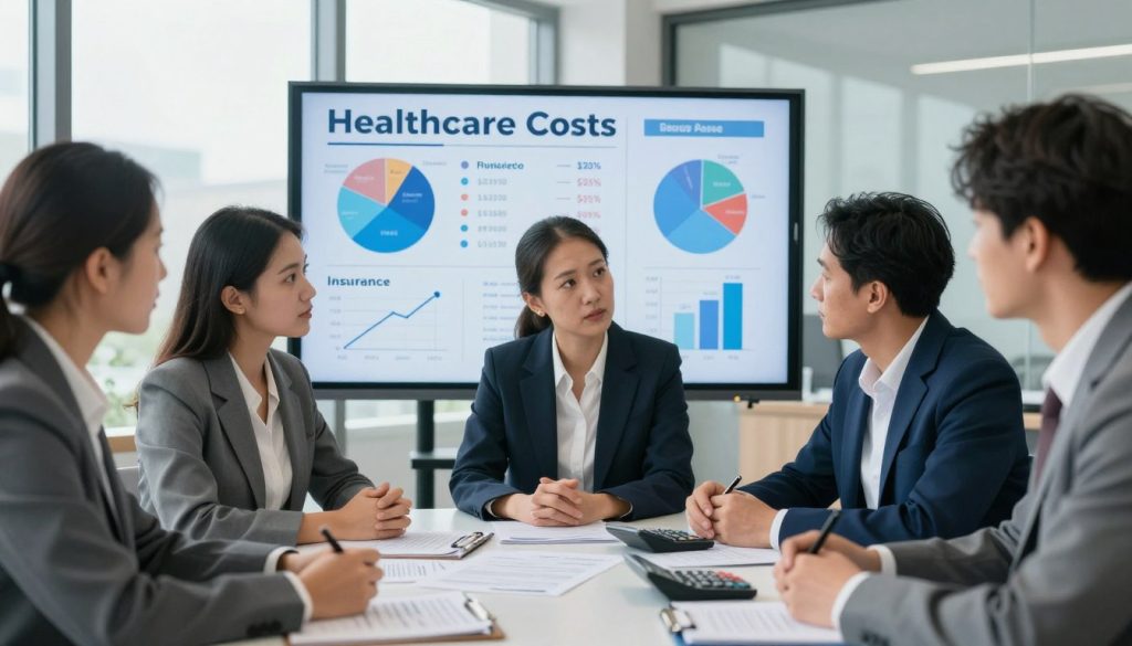 A thoughtful scene illustrating the complexities of healthcare costs and insurance options. In the foreground, a diverse group of individuals, dressed in professional business attire, are gathered around a table cluttered with healthcare documents and calculators, discussing finances earnestly. In the middle ground, a large, transparent screen displays infographics related to healthcare costs, including charts and pie graphs depicting annual expenses and insurance premiums. The background features a modern office environment with large windows allowing soft, natural light to fill the room, suggesting a sense of hope and planning for the future. The atmosphere is collaborative and focused, embodying a shared journey towards navigating the financial landscape of healthcare. A thoughtful scene illustrating the complexities of healthcare costs and insurance options. In the foreground, a diverse group of individuals, dressed in professional business attire, are gathered around a table cluttered with healthcare documents and calculators, discussing finances earnestly. In the middle ground, a large, transparent screen displays infographics related to healthcare costs, including charts and pie graphs depicting annual expenses and insurance premiums. The background features a modern office environment with large windows allowing soft, natural light to fill the room, suggesting a sense of hope and planning for the future. The atmosphere is collaborative and focused, embodying a shared journey towards navigating the financial landscape of healthcare.