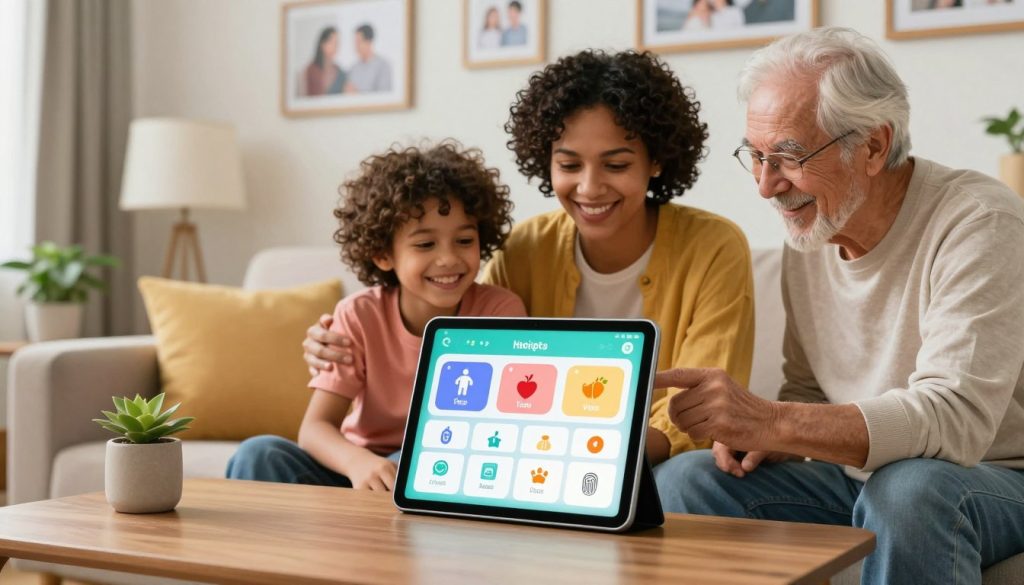 A vibrant and engaging image of a personalized health tracking tool suitable for different ages, set in a cozy family living room. Foreground: a sleek tablet displaying a colorful health dashboard featuring icons for various health metrics (steps, heart rate, and nutrition) tailored for children, adults, and seniors, with a fingerprint scanner for secure access. Middle ground: a diverse family (a smiling child, an adult, and a grandparent) dressed in smart casual attire, interacting with the tablet, showing a sense of joy and collaboration. Background: a warm, inviting atmosphere with soft lighting, framed family photos on the walls, and house plants to create a comfortable environment. The overall mood is positive and inspiring, highlighting the ease of family health monitoring across generations.