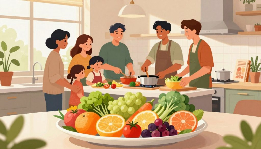 A vibrant, dynamic illustration showcasing immune system nutrition. In the foreground, a beautifully arranged plate of colorful fruits and vegetables, like citrus fruits, leafy greens, and berries, reflecting their health benefits. The middle ground features a diverse group of people in modest casual clothing, engaging in a joyful cooking session, emphasizing family involvement in healthy eating. In the background, a serene kitchen with plenty of natural light streaming through a window, plants placed on the windowsill, and health-related cookbooks on the counter, creating an inviting atmosphere. Soft, warm lighting enhances the sense of togetherness and well-being, while an uplifting mood is conveyed through the expressions of happiness and collaboration among the individuals.