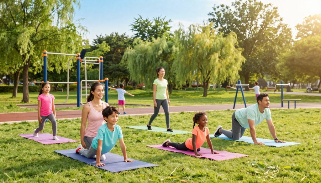 A vibrant scene depicting a family engaging in fitness activities together in a sunny park. In the foreground, a diverse family of four, including a mother, father, and two children, dressed in modest, colorful athletic wear, are exercising on yoga mats. The middle ground features a jogging path and various fitness equipment, with children playing nearby. In the background, lush green trees sway under a bright blue sky, radiating a warm and inviting atmosphere. The lighting is soft and bright, suggesting an early morning or late afternoon glow. The angle captures both the family and the expansive park around them, conveying a sense of unity, health, and joy. The overall mood is uplifting and energetic, emphasizing the importance of physical health as a family.