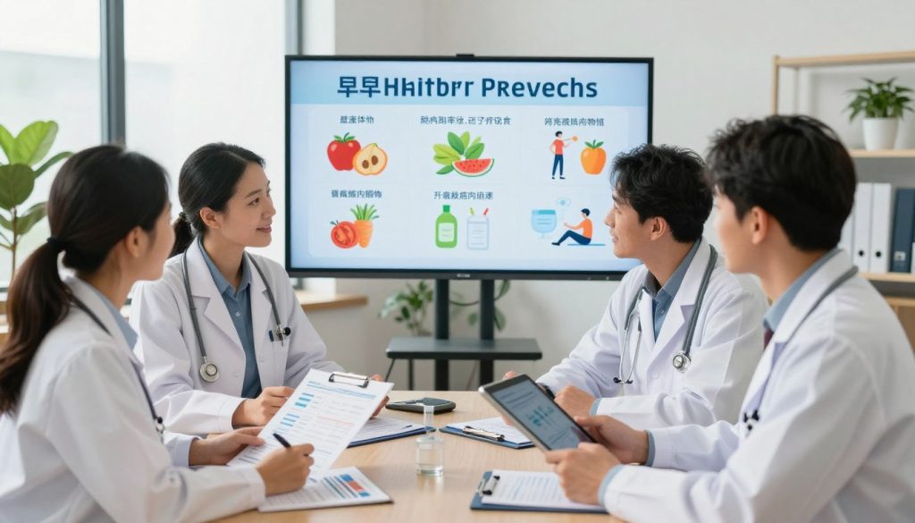 A vibrant scene showcasing preventive medicine strategies in a modern healthcare setting. In the foreground, a diverse group of four health professionals—two men and two women, dressed in professional business attire—strategically discussing health charts and digital tablets. In the middle, a large screen displaying infographics related to early health risk prevention, with visuals of healthy lifestyle choices like nutrition and exercise. The background features a bright, inviting office with plants and modern medical equipment, emphasizing wellness. Soft, natural lighting comes from large windows, creating a warm atmosphere that inspires hope and proactive health engagement. The composition should feel motivating and educational, highlighting the importance of early intervention in health risks.