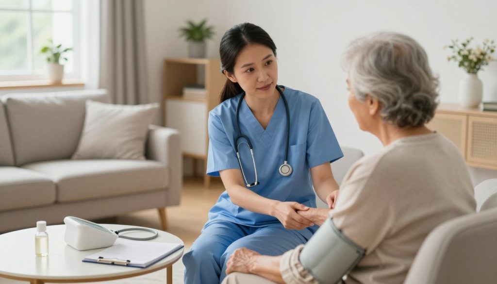 A warm and inviting home setting featuring a female in-home healthcare provider, dressed in professional but modest attire, attentively assisting an elderly patient seated on a comfortable chair. In the foreground, a table with medical supplies like a blood pressure monitor and a notepad. The middle ground includes a light-filled living room with cozy decor, emphasizing a nurturing atmosphere. In the background, a window allows soft natural light to illuminate the scene. The angle is slightly elevated to showcase both the caregiver's focused expression and the patient’s relaxed demeanor, creating a sense of trust and comfort. The overall mood is compassionate and supportive, reflecting the importance of home healthcare services in fostering family wellness.
