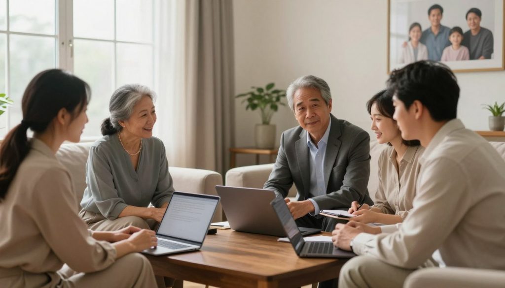 A warm and inviting living room scene depicting family members coordinating caregiving efforts. In the foreground, a diverse group of four adults, dressed in professional business attire, sit around a coffee table, discussing plans with laptops and notepads. The middle ground features a large window allowing soft, natural light to fill the room, enhancing the warm atmosphere. In the background, a cozy family portrait hangs on the wall, symbolizing their bond. The mood is collaborative and supportive, with expressions of focus and engagement. A gentle color palette of earth tones helps to evoke a sense of calm and harmony in the setting, suitable for coordinating family caregiving practices.