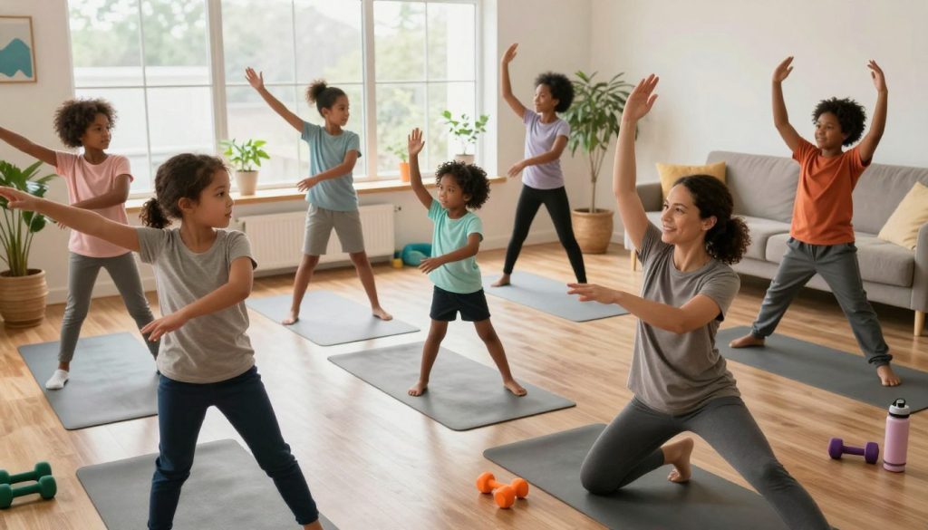 A warm and inviting living room where a diverse family, including children and adults of various ages and ethnicities, engages in energetic exercise routines together. In the foreground, a mother and father perform stretching exercises, dressed in comfortable athletic wear, while their children playfully mimic them. In the middle ground, a yoga mat is unrolled with fitness equipment like small weights and a water bottle nearby. In the background, large windows let in soft natural light, highlighting indoor plants and colorful décor that create a nurturing atmosphere. The mood is energetic and uplifting, promoting the idea of wellness and family togetherness, captured from a slightly elevated angle to capture the activity and the bright environment.
