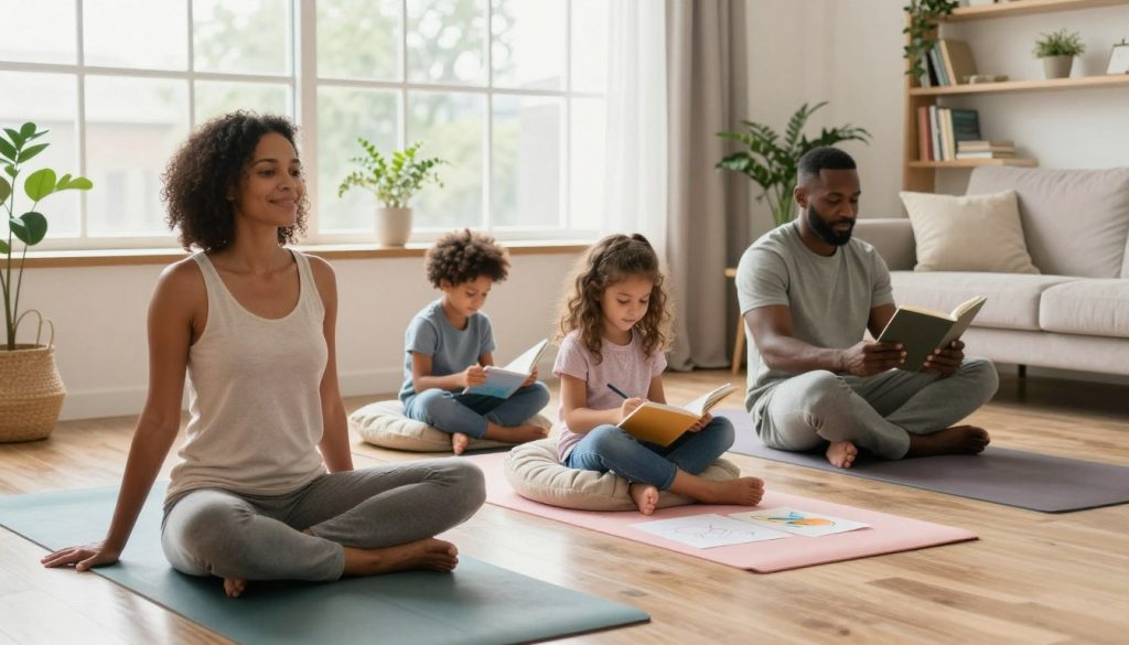 A warm, inviting family scene depicting a diverse family of four engaging in self-care routines at home. In the foreground, a mother and father are practicing yoga together on colorful mats, both wearing modest casual clothing. Their children, a boy and a girl, are drawing and reading on plush cushions nearby. In the middle, natural light pours through large windows, creating a soft, soothing ambiance, while houseplants and calming decor elements enhance the atmosphere of wellness. The background features a cozy living room setup, with gentle colors and a bookshelf filled with wellness books. The overall mood should be one of tranquility, connection, and joy, illustrating the importance of family bonding and self-care in mental wellness.