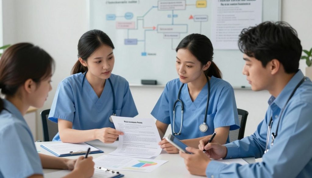 A well-organized office setting illustrates teamwork in caregiving. In the foreground, a diverse group of three professionals—two women and one man—are seated at a table, reviewing a large document detailing caregiving roles and responsibilities. One woman is pointing at the document, while the man takes notes on a tablet. The middle area features scattered notes and charts, representing the thoughtful planning involved in caregiving. The background shows a whiteboard covered in role assignments and flowcharts, with soft ambient lighting that creates a collaborative atmosphere. The scene is captured from a slightly elevated angle, emphasizing teamwork and dedication. The mood is focused and productive, highlighting the importance of clearly defined roles in caregiving.